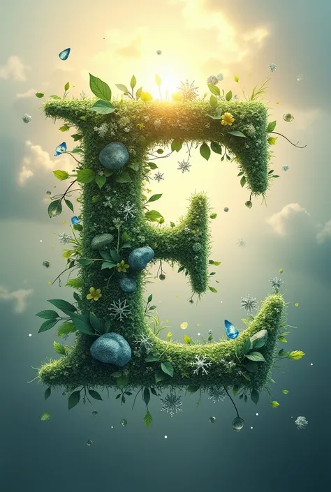  Main element letter E .  around the letter sun , airflow , a drop of water , snowflakes,  leaves trees . All elements around the letter. 