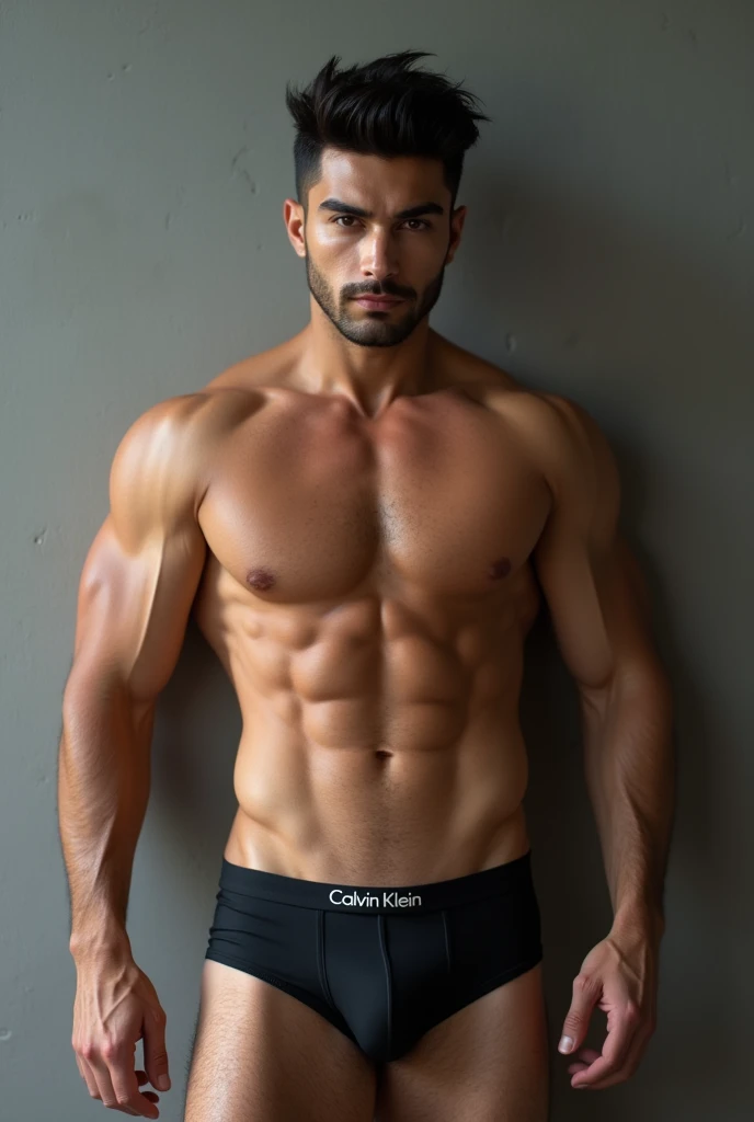 Handsome Lebanon Guy, Photoshoot, Shirtless, Abs, Wearing "Calvin Klein" Underwear, Detailed Face, Detailed, Detailed Skin, Highly Detailed, Ultra HD, Handsome Face, Standing, Grey wall as an background, Full Body