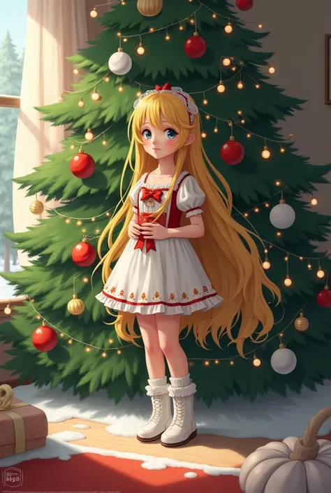   girl ,  short, lively , Slavic appearance, 

Dressed in a short Snow Maiden dress, white long socks, white boots
The hotel has as long blonde hair as possible next to the Christmas tree  