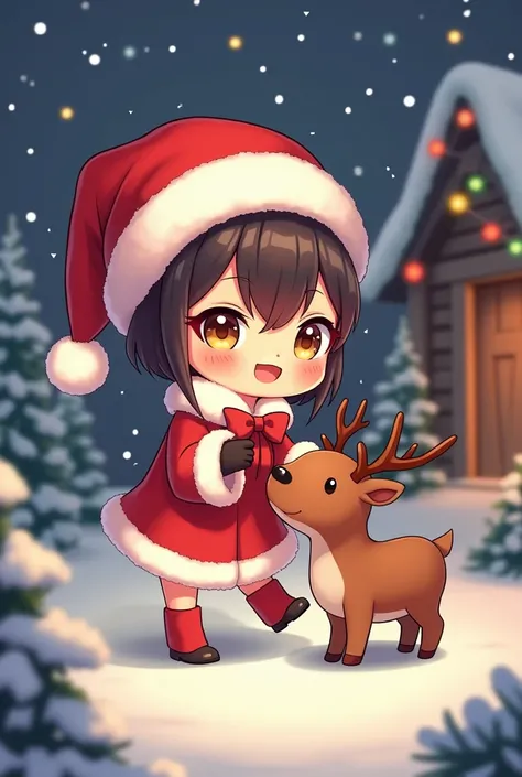 Kawaii Style,digital painting, of the best quality, Cute Reindeer Placing Disciples ,Dark Girl ,Chibi, Christmas Robe with Deer Hat,red and white outfit,Red bow, Playful Gesture , bright eyes , miniskirt, festive atmosphere , Snowfall Christmas Background ...