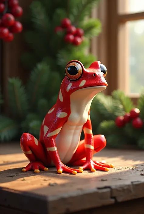 A realistic red and white peppermint striped frog,  side profile, sitting on a wooden table, warm lighting, pine garlands with red berries hung in the background