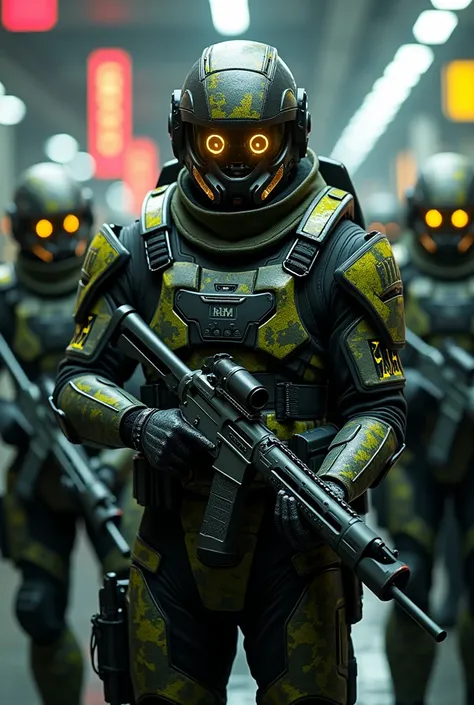 Advanced technologies, heavily equipped cyberpunk soldiers, black and green patterned camouflage armor, wrist computer, helmet is aggressively designed, four glowing LED eyes that are extended out of combat helmet, plating armor, armor consists of many seg...