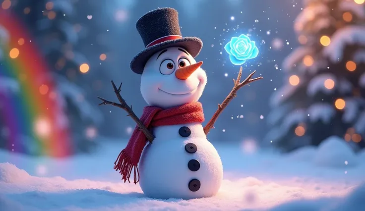 Disney Pixar style)  a beautiful snowman with big eyes ,  with a carrot nose ,  a red scarf ,  a black top hat , the buttons ,  the wooden arms .  It gives off a sparkling blue rose . the background is a snowy expanse ,  illuminated a big rainbow and the c...