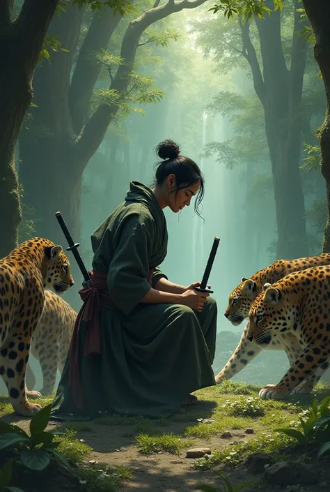 Shinobi weeping with katana surrounded by jaguars