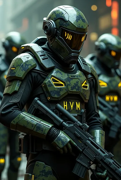 Advanced technologies, heavily equipped cyberpunk soldiers, black and green patterned camouflage armor, wrist computer, helmet is aggressively designed, four glowing LED eyes that are extended out of combat helmet, plating armor, armor consists of many seg...