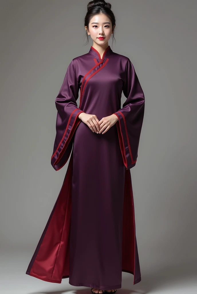 asian chinese female in simplified chinese costume, dress touches sheen, 3/4 length sleeve, plain dark colours, front view, full body, frontal view, red with trimming, realistic lady, purple costume, face front, 3/4 length dress, red orange dress, show fee...