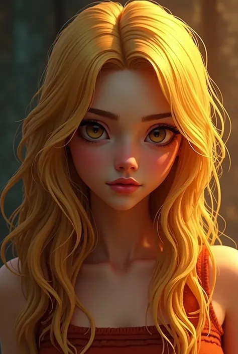 A young woman with long flowing yellow hair, roblox character, intricate and detailed facial features, painterly digital art, cinematic dramatic lighting, warm color palette, (best quality,4k,8k,highres,masterpiece:1.2),ultra-detailed,(realistic,photoreali...