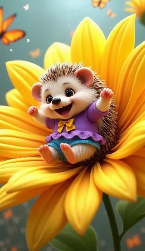 The hedgehog is sliding down the petal of a giant yellow flower, her arms raised with joy. Her frilled purple shirt flutters as she zips down the petal, and her blue shorts with a yellow bow shine in the sunlight. Sparkling dew drops rest on the flower pet...