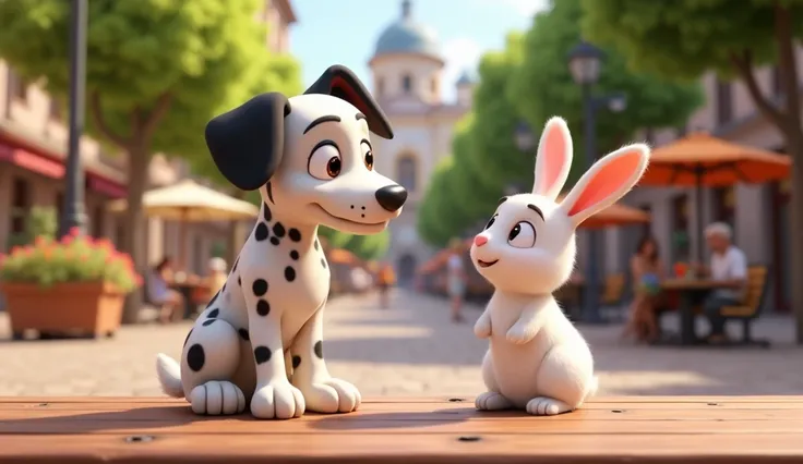 Max,  the white Dalmatian dog with black spots , and Beni ,  the little white rabbit ,  are sitting in front of a bench in a city square.  Max has his ears raised , looking closely at Beni ,  while the rabbit ,  with their ears slightly tilted forward , sp...