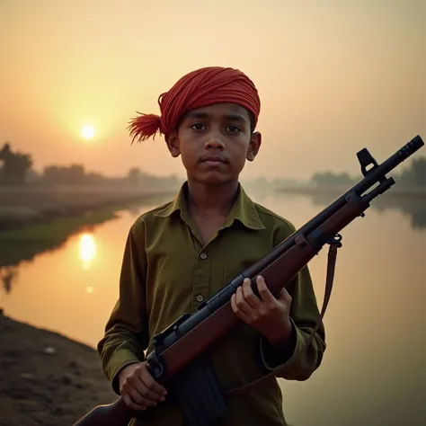  A very clear ultra HD dynamic image of A young, determined freedom fighter in traditional Bangladeshi attire holding a rifle, standing near a riverbank with a determined look in his eyes as the sun sets in the background.