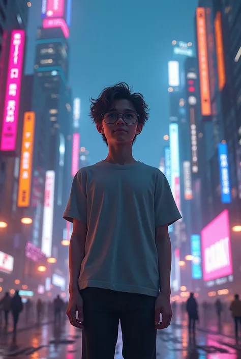 high quality, detailed, cinematic, 1boy, brown hair, brown eyes, glasses, wearing casual clothes, standing in a futuristic cityscape, neon lights, advanced technology, holographic displays, vibrant colors, cinematic lighting, intricate details, sci-fi, dig...