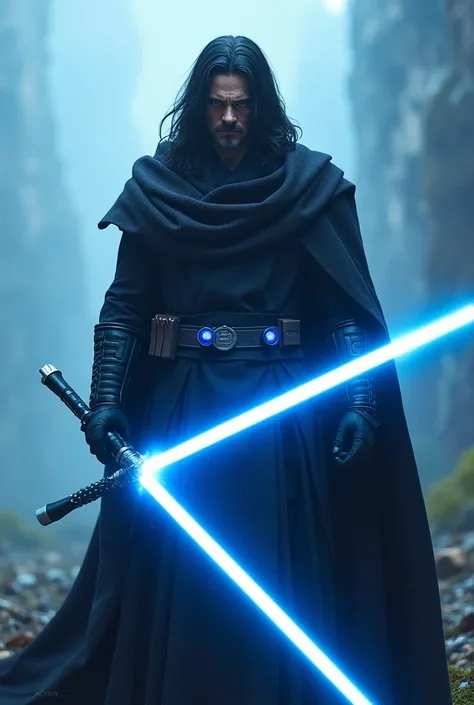 a new man,  with black hair, using a blue light sabre 