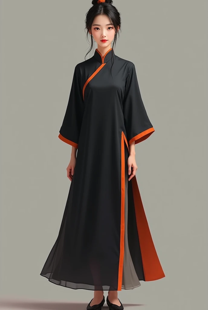 asian chinese female in simplified chinese costume, dress touches sheen, 3/4 length sleeve, plain dark colours, front view, full body, frontal view, orange red with trimming, realistic lady, costume, face front, 3/4 length dress, red orange dress, show fee...