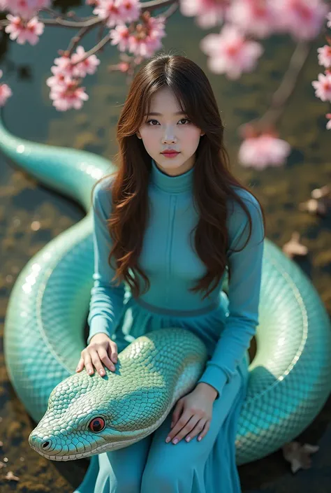 aerial photo of a beautiful Korean female in the long blue iridescent turtle neck dress, with brown long hair, sitting on the huge cherry hugs realistic giant light green iridescent snake burgundy colors, cinematic, cherries blossom background, smiling, lo...