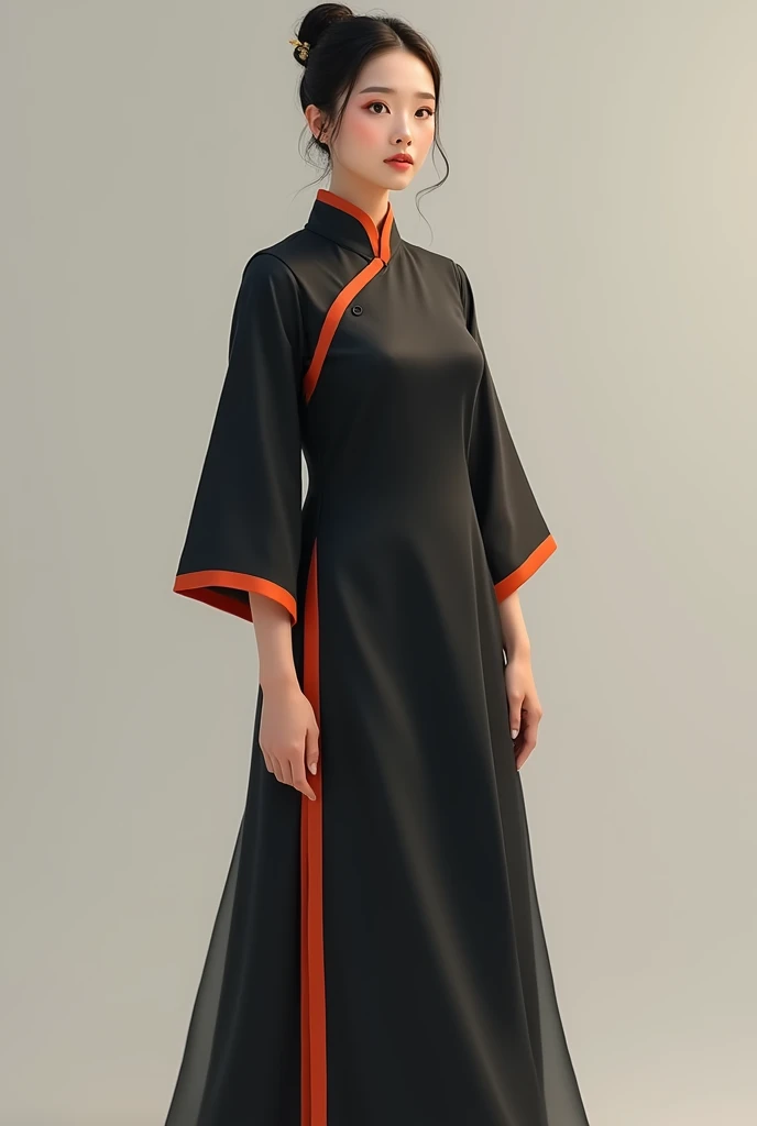 asian chinese female in simplified chinese costume, dress touches sheen, 3/4 length sleeve, plain dark colours, front view, full body, frontal view, orange red with trimming, realistic lady, costume, face front, 3/4 length dress, red orange dress, show fee...