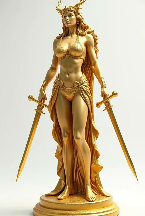 Big V-shaped bikini goddess statue，Made of gold，Exquisitely carved，Full of details ，Armed with two swords, ready for battle，C4D Model， white background 