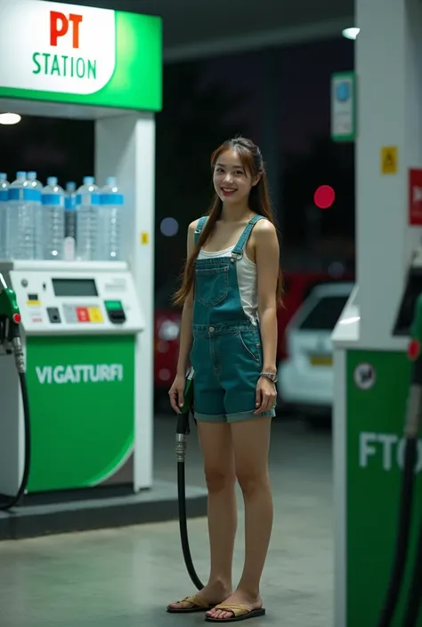 /// A young thai woman body shape with long, cheerful expression, standing at a modern gas station pump during nighttime at the future age. She is holding a fuel nozzle in one hand while smiling brightly. She has her hair tied back into a neat ponytail and...