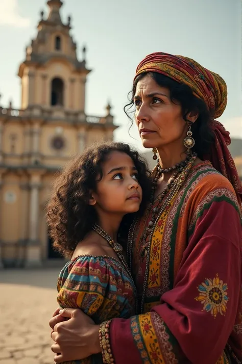 In 1800, a gypsy woman poses with her daughter in front of the church of Huércal-Overa in Andalusia.