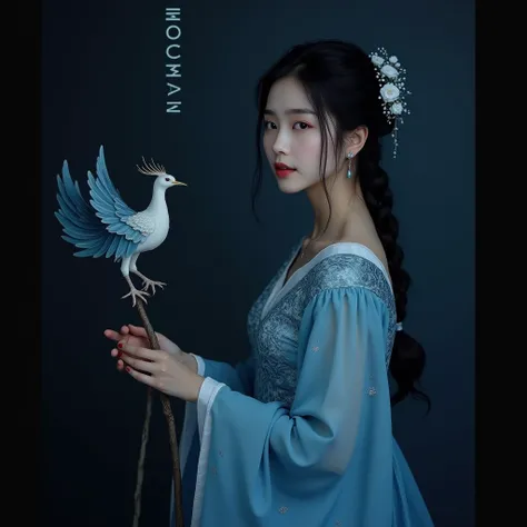 The charm of the beauty of a young Korean woman with her hair tied into a braid, wearing a very beautiful blue dress, she stands gracefully beside a Phoenix bird in a dark room at night facing camera.  with a dark background decorated with the name "MOCHIM...