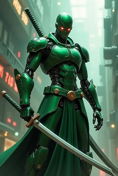 One piece Roronoa Zoro robot version with green tones and three katanas 