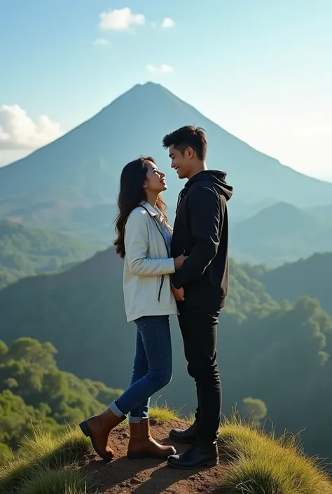  Beautiful Asian Muslim Woman Wearing White Color Jacket Jeans And Booth Shoes And Young Handsome Asian Man Wearing Black Color Jacket Smiling Posed Affectionately Holding On Top Of High Hill In Mount Rinjani Looks Amazing Realistic Scenery Vivid Color Bea...