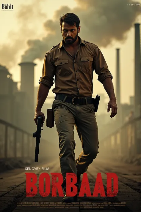 The image is a fan-made poster for the movie "Borbaad". It features a man in a brown shirt and pants, holding a gun, standing in front of a factory with smoke rising from it. The poster has a gritty, industrial background with a dramatic and intense atmosp...