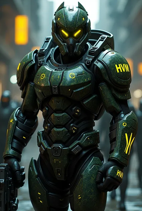 Advanced technologies, cyberpunk high-tech soldiers that are considered to be heavy-class units, implantic augmentations, black and green patterned camouflage armor, wrist computer, helmet is aggressively designed gas mask crossed with sci fi helmet, four ...