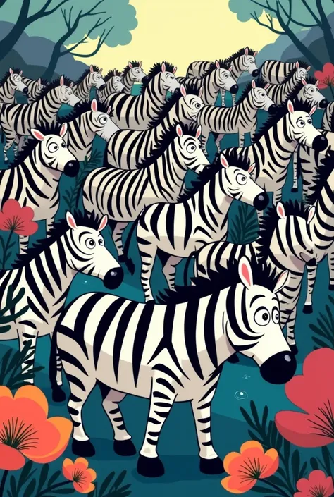  Looking for Wally but instead of a lot of Wallys, a lot of zebras . That they have a cartoon-like design and that they are 1000 zebras that are all the same size
