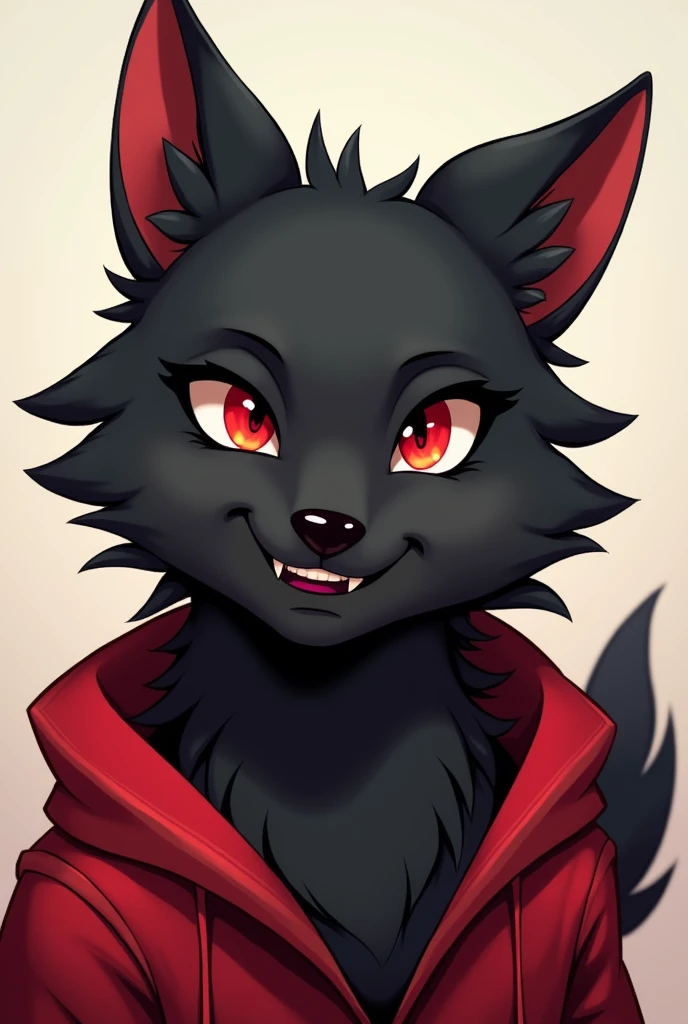 black wolf furry with red eyes in fursona style wearing red clothes staring at viewer smiling