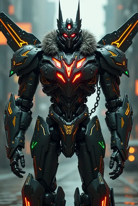 A mecha transformer character with complex design, a chains on his arms, a furr around his neck, four triangle red neon lights on down his chestplate, edgy shoulders, dark gray and black colored big cybertronian high guard four wings jet on his back, dark ...