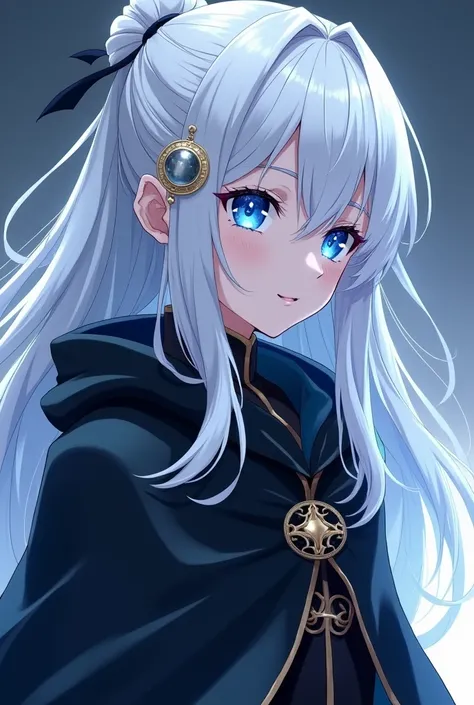 Anime woman with snow white hair that is back length and half tied up with a hair ornament while the rest is let loose. She has electric blue eyes that seem to glow and is wearing a black cloak like a Mage.