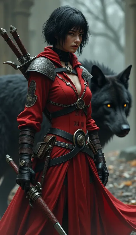 Ancient assassin, female short black hair, minimal/revealing red armor, leather straps, multiple weapons, companion black wolf behind