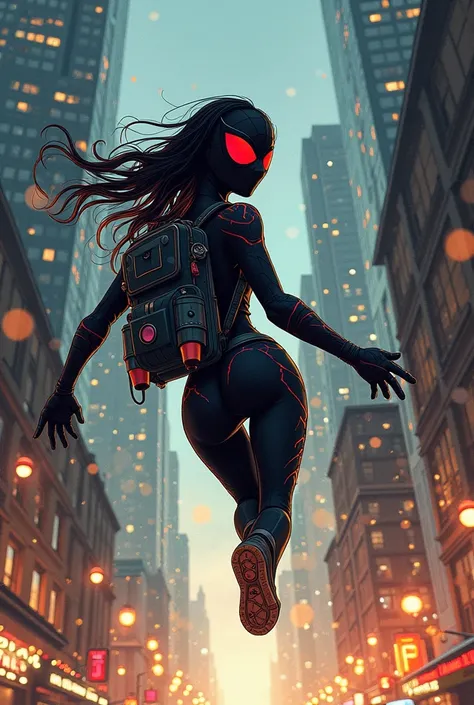 women like spydermen flying with rocketmen backpack. use handdraw cartoon style. zoom out women abstract without showing her face at all. Add eye mask black and spidermen suit in black as well. Should be only one women and envirement to be building in cris...