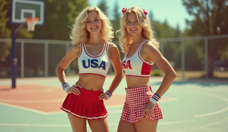 Two beautiful 18-year-old American blondes, who embody the iconic charm of a retro 1950s cheerleader. They are captured on a vibrant, sunny basketball court, surrounded by the whimsical ambiance of the eras pastel color palette. Her physique is a mesmerizi...