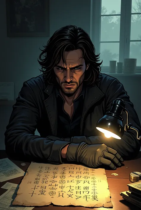 A brooding man resembling Bucky Barnes (long brown hair, strong athletic build, wearing a dark tactical jacket and gloves) sits alone in a dimly lit room, illuminated by the faint glow of a single desk lamp. His face shows frustration and regret as he star...