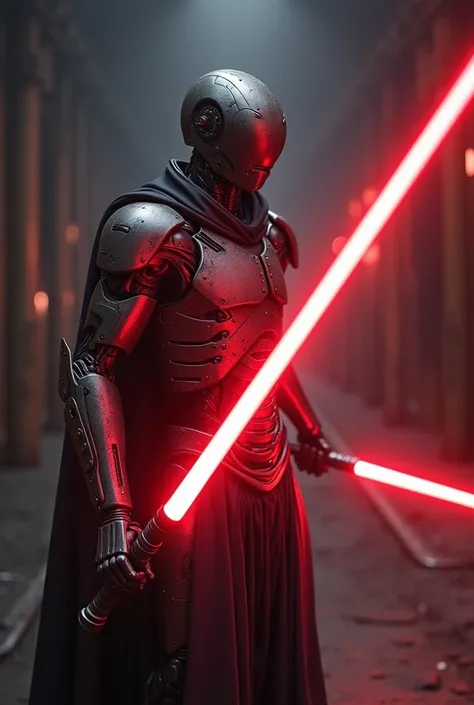 A robot using a double red lightsaber.