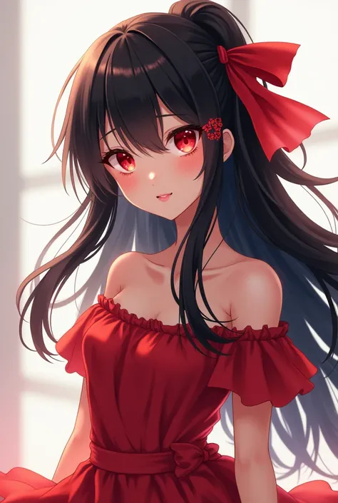 an anime girl with black hair and brown skin with red eyes and with a red ribbon in her hair and with red eyes and with a red dress similar to that of Alice In Wonderland 