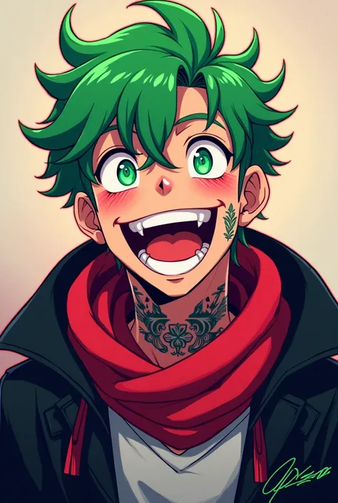 A Young Human Man ,high, flamboyant smile, red scarf ,black coat,white shirt, green hair, green eyes, neon tattoos ,animedrawing ,until