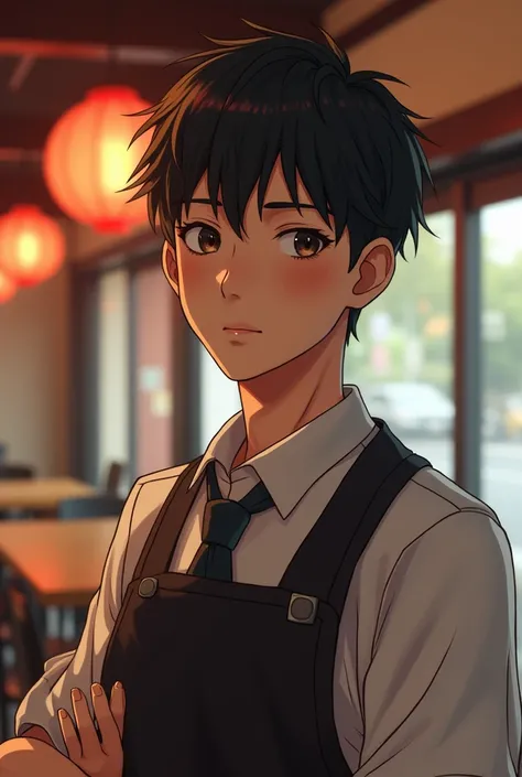 a young Japanese man who lives in Brazil and appears to be 19 years old wearing the uniform of an attendant at a Japanese restaurant. That he be attractive and have a timid expression .  it can have a sturdy appearance , pale skin, Straight hair is almost ...