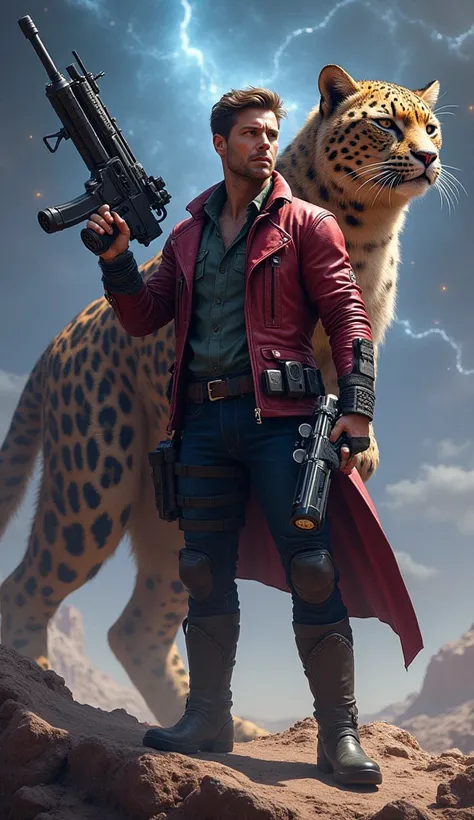 Star Lord Guardians of the Marvel Galaxy with a flying leopards head and with more weapons pointed 