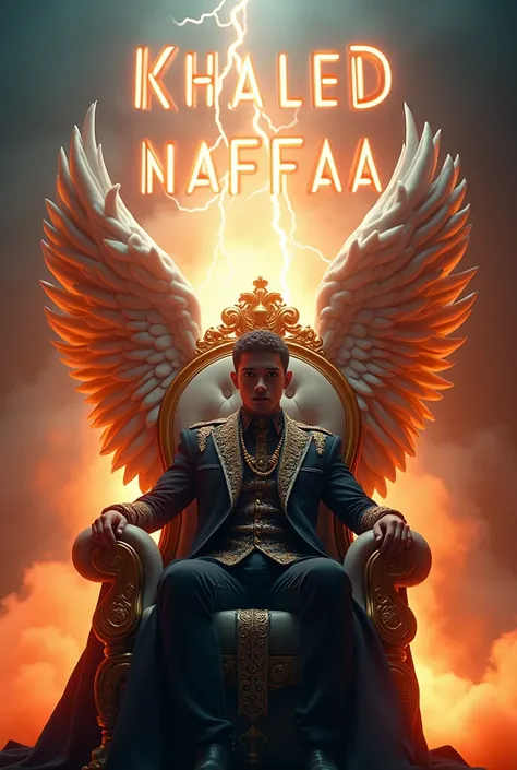 the name "Khaled Naffaa"with fire, smoke, and llghtning stars in different shades of black , wing, young man sitting on throne chair, tyagraphy, 3d rendering, photography, architecture,photo, fashion, vlbrant, cinematic, 3d render,poster