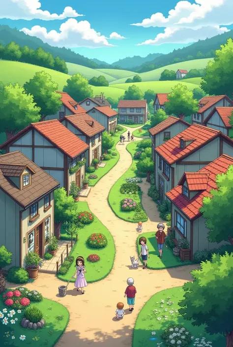 Create an anime neighborhood but make it simple with least teenage students. Make it more human drawing. The point of view must in a land
