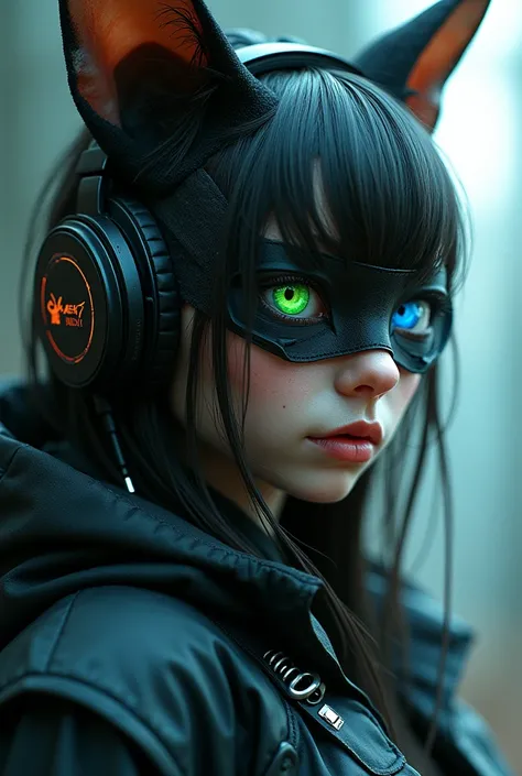 Full-body fusion of a woman and a cat bright green eyes . Shes wearing cyberpunk-style clothing on her head , only the eyes visible. features detailed eyes and parts of a face wrapped in an engaging pose full body close up
Using Masterpiece headphones,  An...