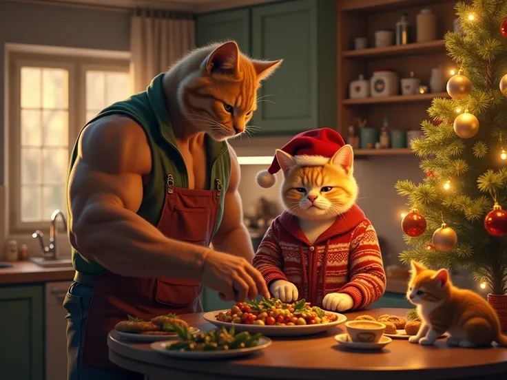 A realistic New Year’s Eve scene with anthropomorphic cats featuring cat-like heads and human-like bodies. The muscular father cat, wearing festive casual clothing, is helping his wife in the kitchen. The mother cat, dressed in a cozy holiday outfit, is pr...