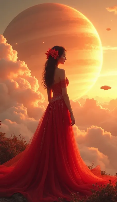 A ultra realistic 8k and detailed scene featuring an elegant woman standing in a celestial and fantastical environment. She is wearing a long, flowing red dress with intricate, shimmering details, as if made of silk, cascading gracefully to the ground. Her...