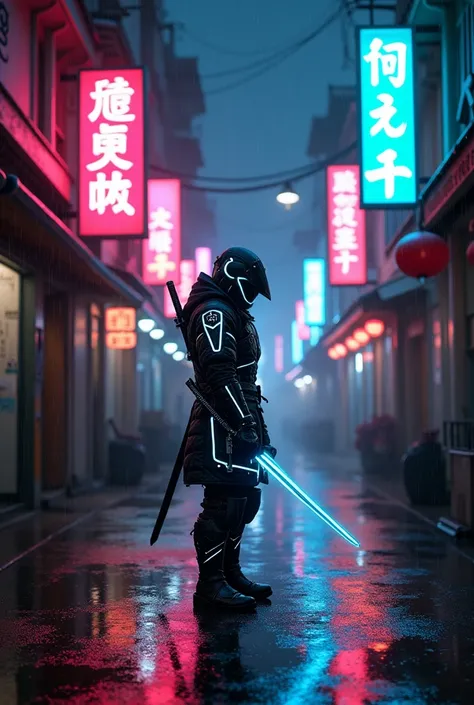 A lone cyberpunk samurai standing in a dark, neon-lit alley, with glowing holographic signs in a foreign language. The samurai’s armor is sleek and futuristic, with sharp glowing lines and a neon katana. Rain is falling gently, reflecting the neon lights o...