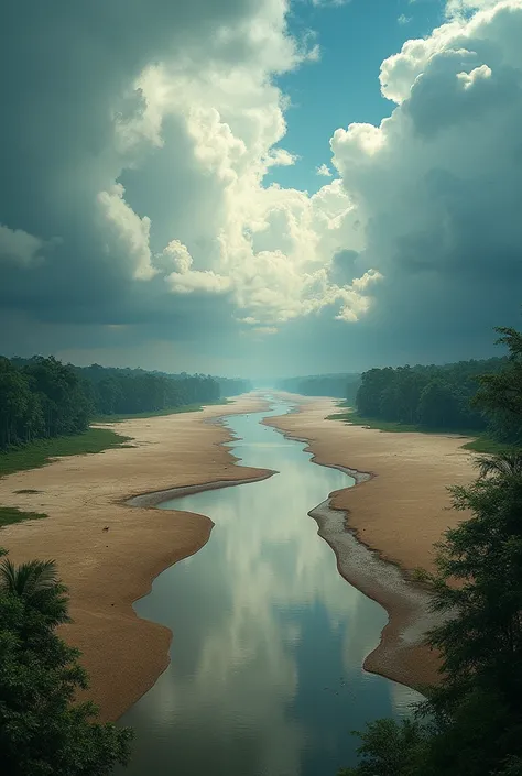 Dry Season Contrast: The Amazon narrowing, with exposed sandbanks under a sky filled with nebula-like clouds.