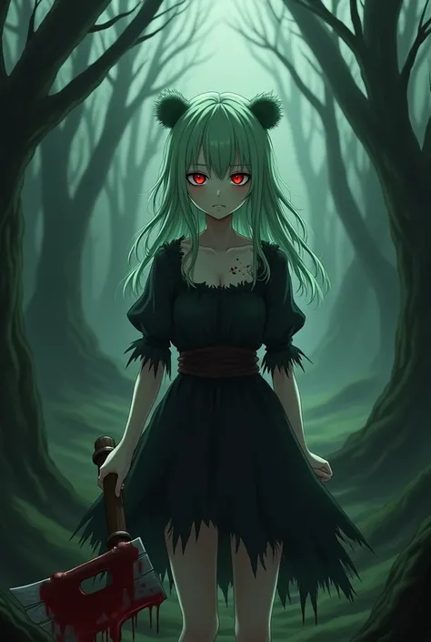 
An anime girl with light green hair and black empty eyes and light skin. She has a black broken dress on with blood on it, and she’s holding a bloody axe. She has a serious look on and she’s standing in a dark horror forest. She has green bear ears 