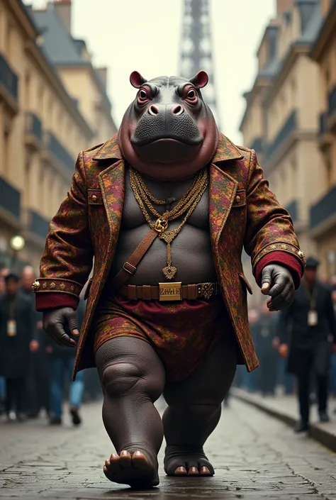  ultra-realistic image of a strong humanoid hippopotamus walking confidently through the streets of Paris,  dressed in elegant rapper costumes with patterns and accessories .  The humanoid hippopotamus has an assertive expression ,  embodying a mix of fero...