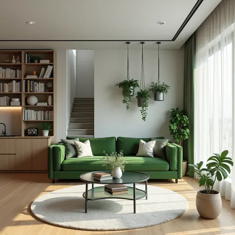 living room, green sofa in the center of the room and a glass coffee table, kitchen on the left, stairs to the second floor on the right, bathroom door under the stairs. Scandinavian style, bookshelves around the perimeter and a lot of potted plants and ha...